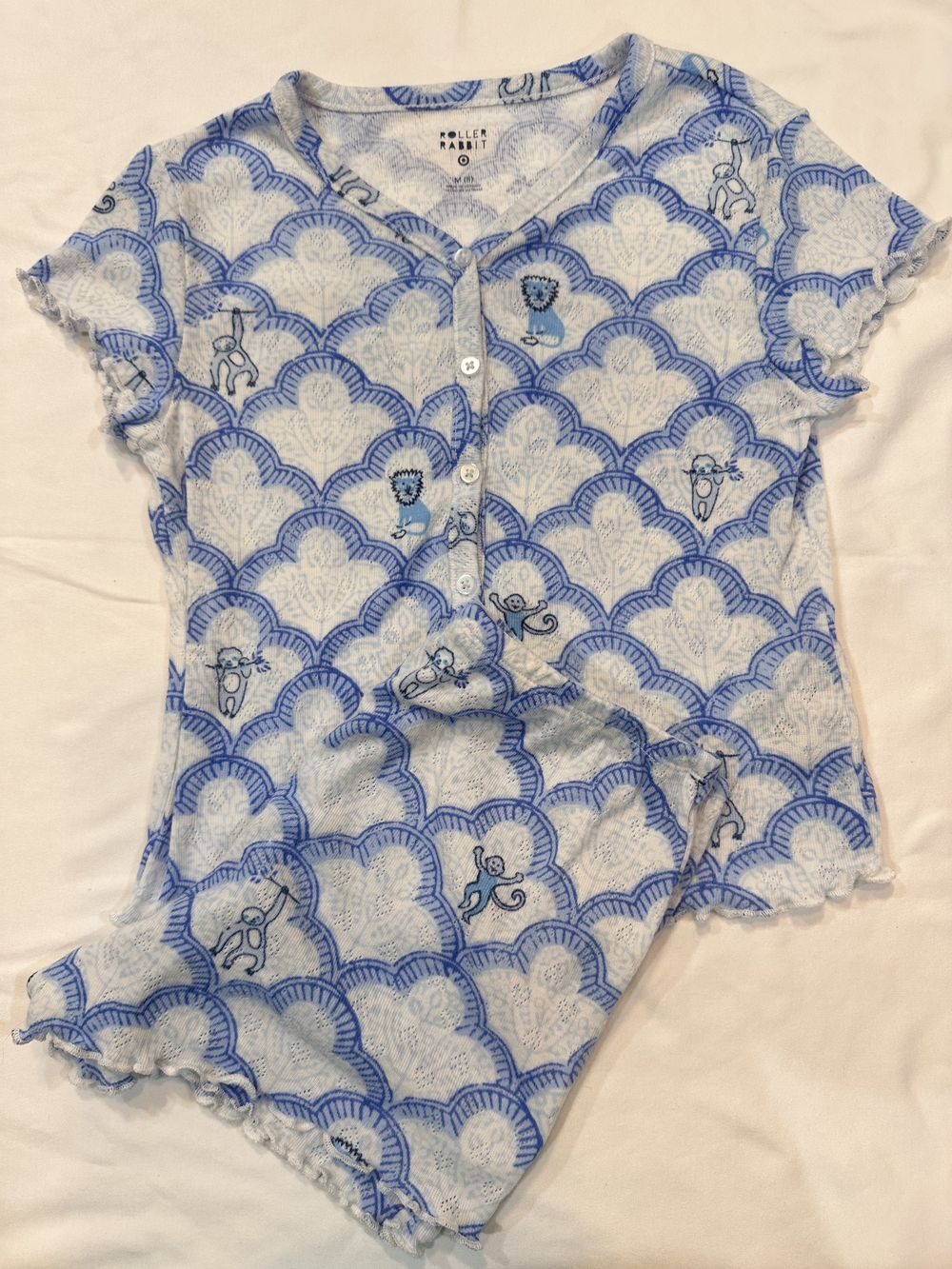 Roller Rabbit Blue & White Animal Print Pajama Top And Bottomd Set.